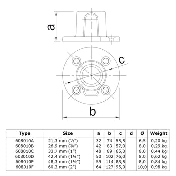 Voetplaat rond 21,3 mm technische tekening