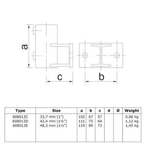 Boeiboordbevestiging horizontaal 33,7 mm technische tekening