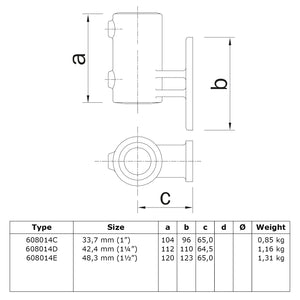 Boeiboordbevestiging verticaal 33,7 mm technische tekening