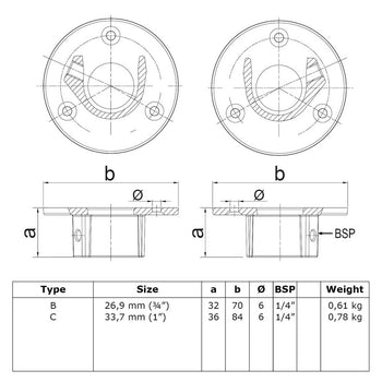 Voetplaat met inleg zwart (set) 33,7 mm