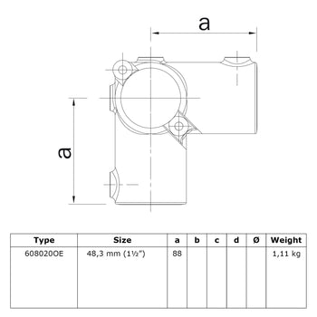 Hoekstuk 90º open 48,3 mm  technische tekening