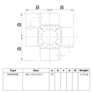 Kruisstuk 4-weg open 48,3 mm technische tekening