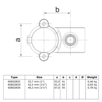 Kruisstuk 90º klapbaar 33,7 mm technische tekening