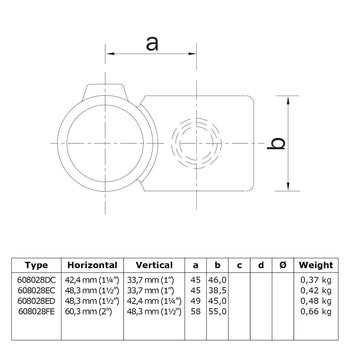 Kruisstuk 90º verloop 42,4 - 48,3 mm technische tekening