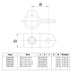 Oogdeel scharnierstuk 33,7 mm technische tekening