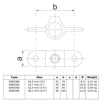 Oogdeel dubbel scharnierstuk 180º 26,9 mm technische tekening