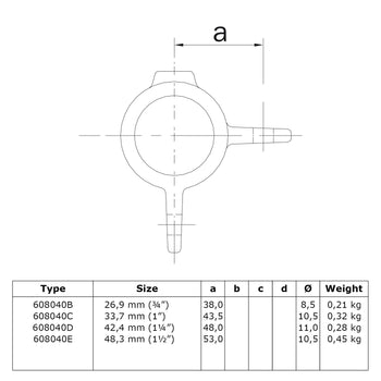 Oogdeel dubbel scharnierstuk 90º 42,4 mm technische tekening