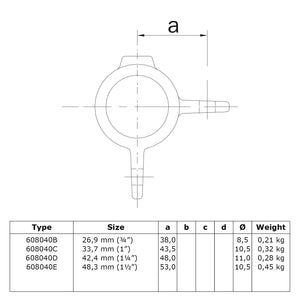 Oogdeel dubbel scharnierstuk 90º 42,4 mm technische tekening