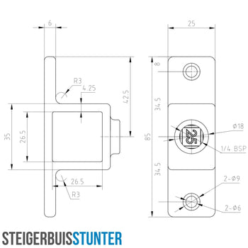 Bevestigingsring dubbel 25 mm vierkant