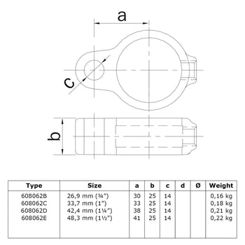 Scharnieroog 42,4 mm technische tekening