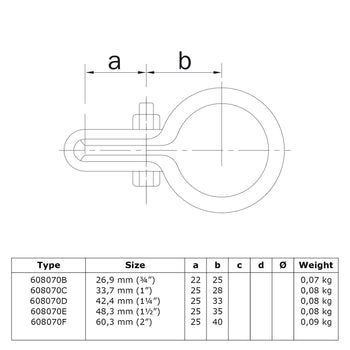 Gaasclip enkel 60,3 mm technische tekening