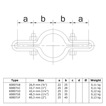 Gaasclip dubbel 60,3 mm technische tekening