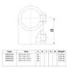 T-stuk kort zwart 42,4 mm technische tekening