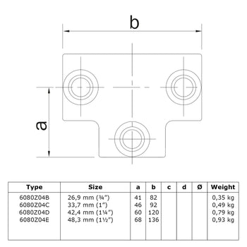 T-stuk lang zwart 33,7 mm technische tekening