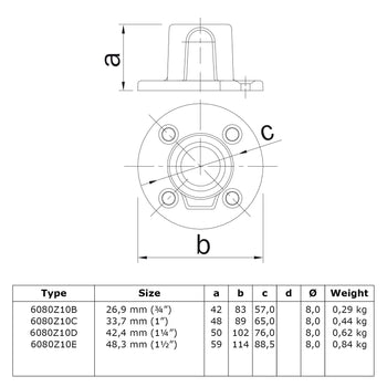 Voetplaat rond zwart 42,4 mm technische tekening