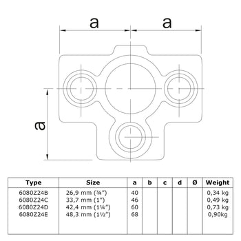 T-stuk zij-uitgang zwart 48,3 mm technische tekening