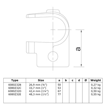 T-stuk open zwart 42,4 mm technische tekening