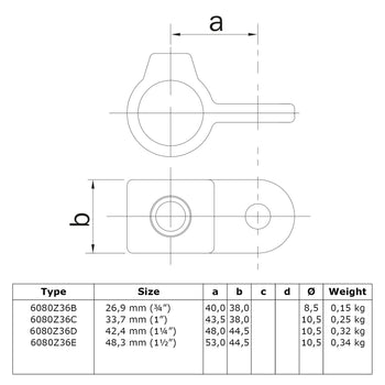 Oogdeel Scharnierstuk zwart 33,7 mm technische tekening