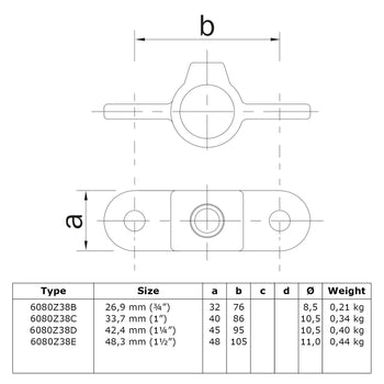 Oogdeel dubbel scharnierstuk 180º zwart 26,9 mm technische tekening