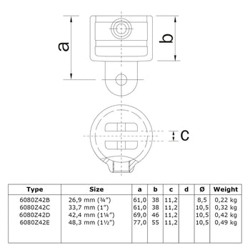 Hulsdeel scharnierstuk zwart 42,4 mm technische tekening