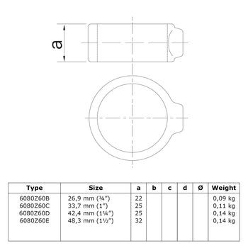 Borgring zwart 42,4 mm technische tekening