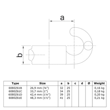 Haak zwart 42,4 mm technische tekening