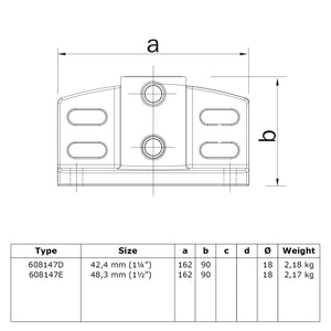 Voetplaat schoprandbevestiging 42,4 mm technische tekening