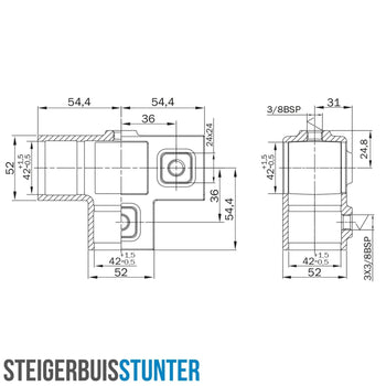 T-stuk zij-uitgang zwart 40 mm vierkant