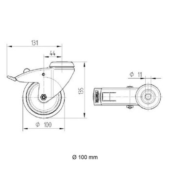 Zwenkwiel, technische tekening met afmetingen